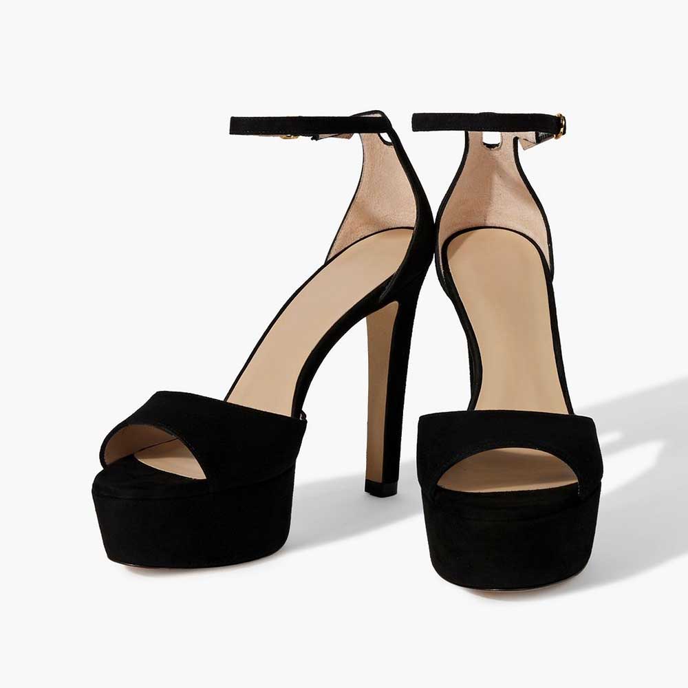 Black Vegan Suede Open Toe Stiletto Heel Ankle Strap Platform Sandals Nicepairs