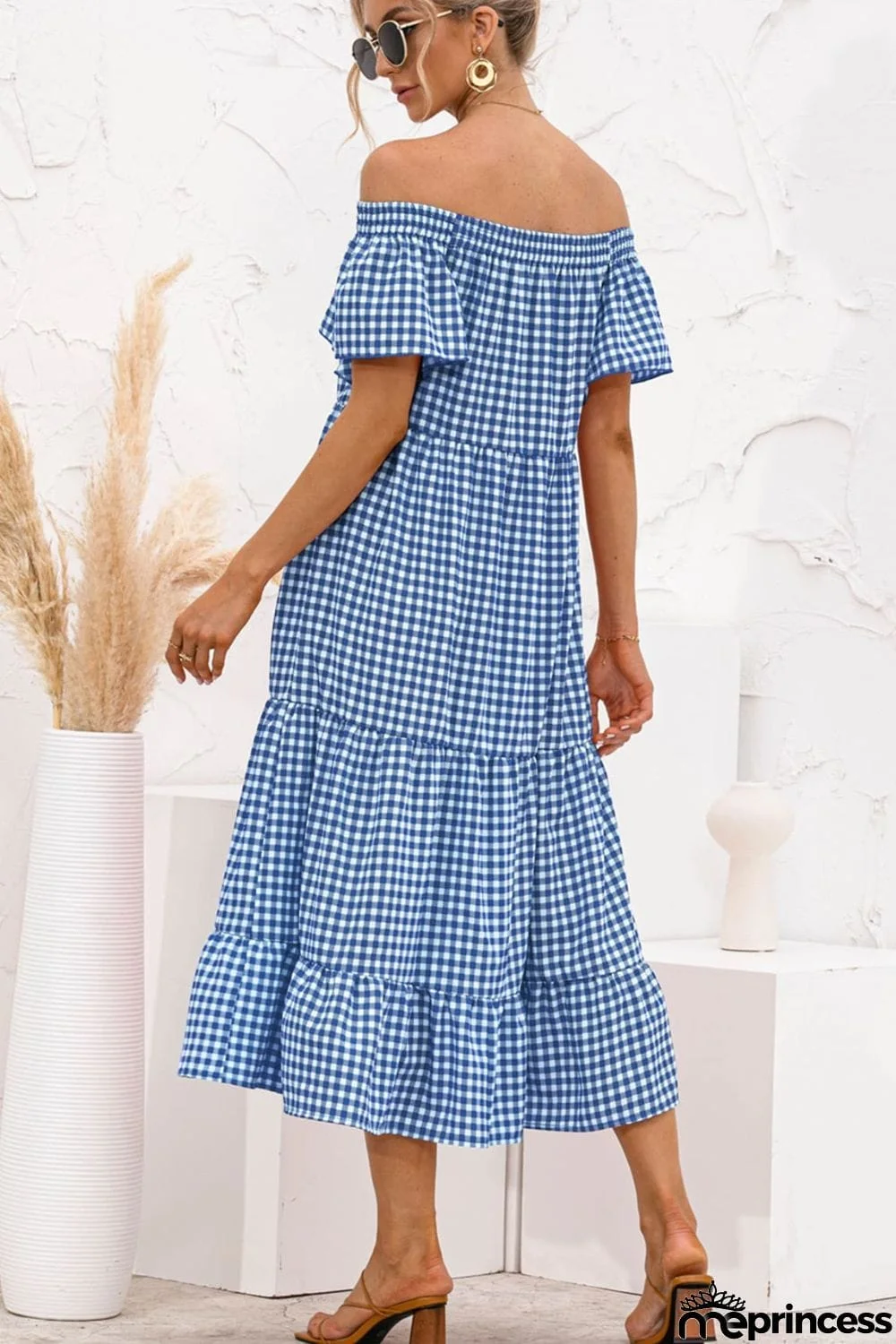 Gingham Off-Shoulder Tiered Midi Dress
