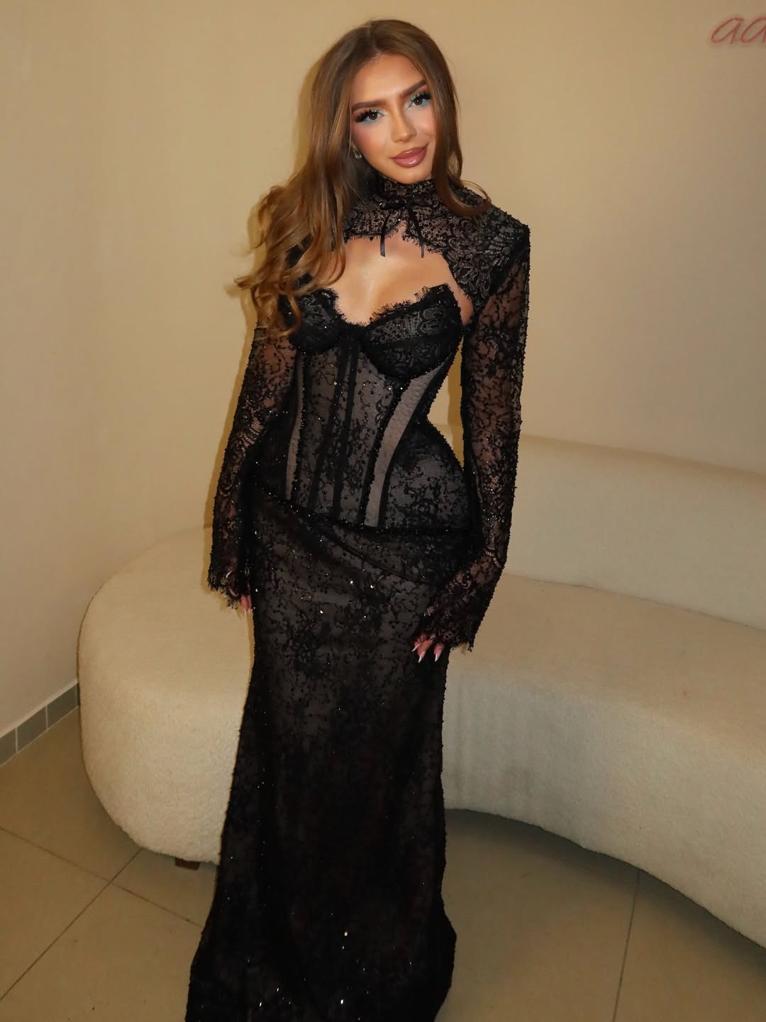 Daisda Chic Black Lace Long Sleeves Sweetheart High Neck Long Prom Dress With Mermaid