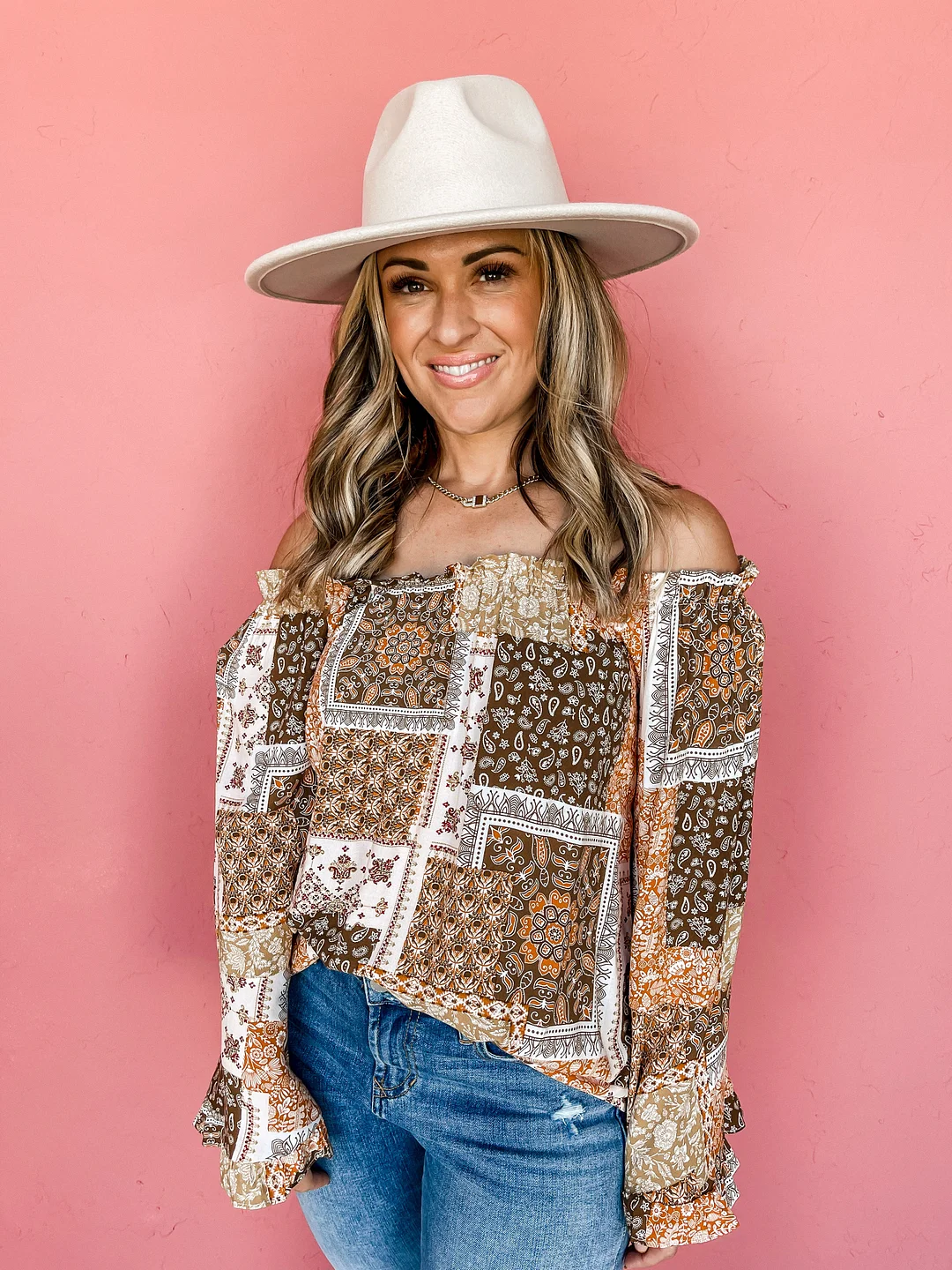 In The Orchard Off Shoulder Patchwork Top