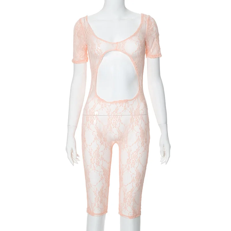 Uveng Uveng Women's Spring New Sexy Lace Splicing U-Neck Short-Sleeved Umbilly Joint Shorts