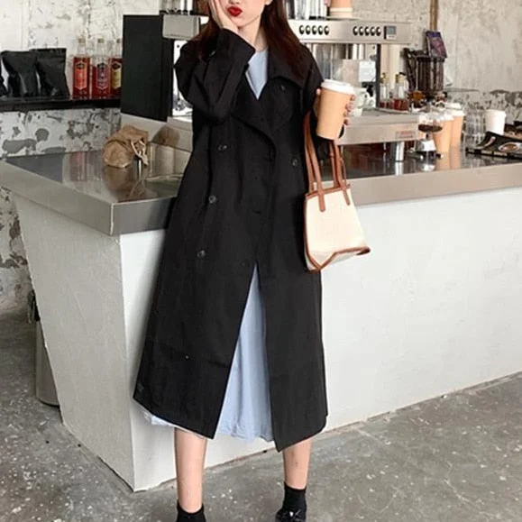 2021 New Trench Women British Style Simple Ins Adjustable Waist Double Breasted Solid Fashion All-match X-long Outwear Elegant