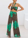 Leopard Print  Halterneck Bandeau +Wide Leg Pants Two-Pice Suits