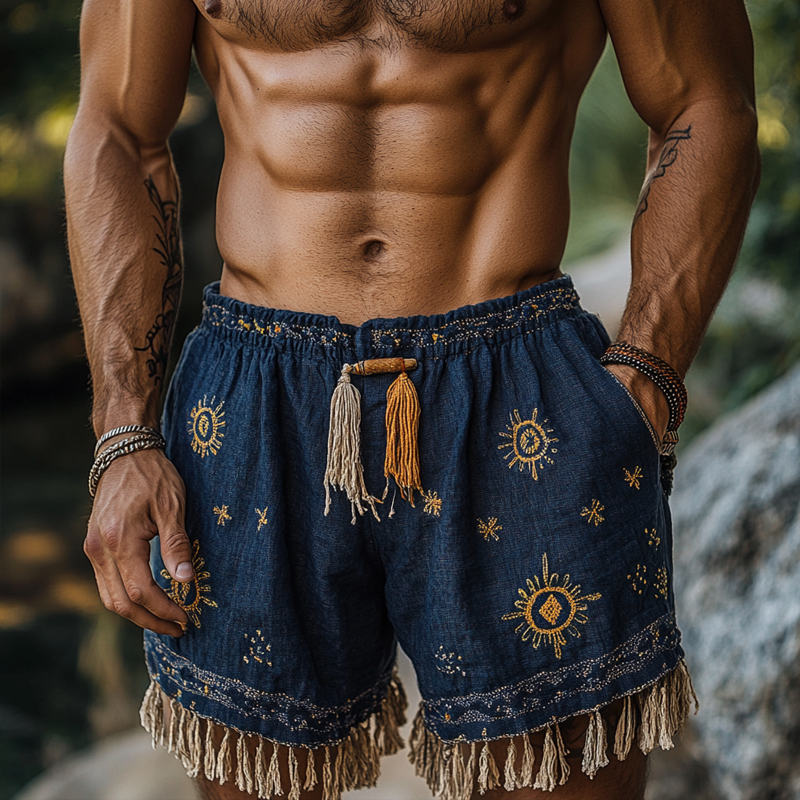 Bohemian Sun Embroidered Denim Shorts with Tassels