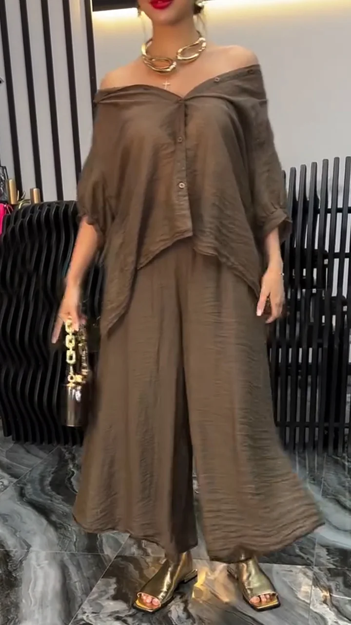 Women Round Neck Irregular Splicing Top+ Pants Loose Casual Suit