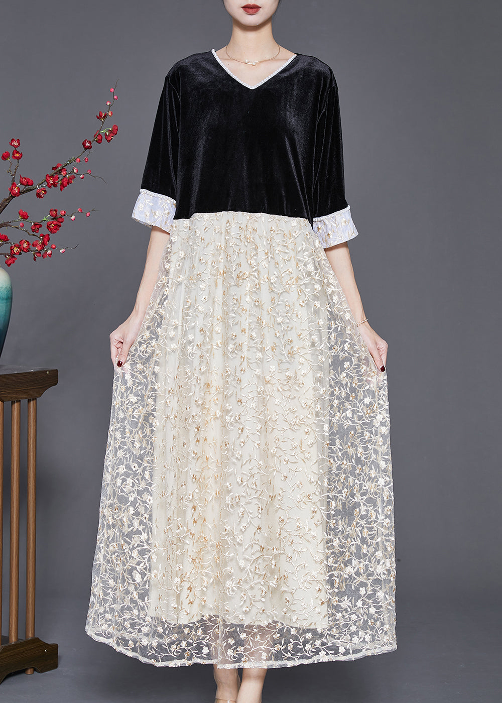 VCSHOES Black V Neck Patchwork Lace Silk Velvet Long Dresses Half Sleeve