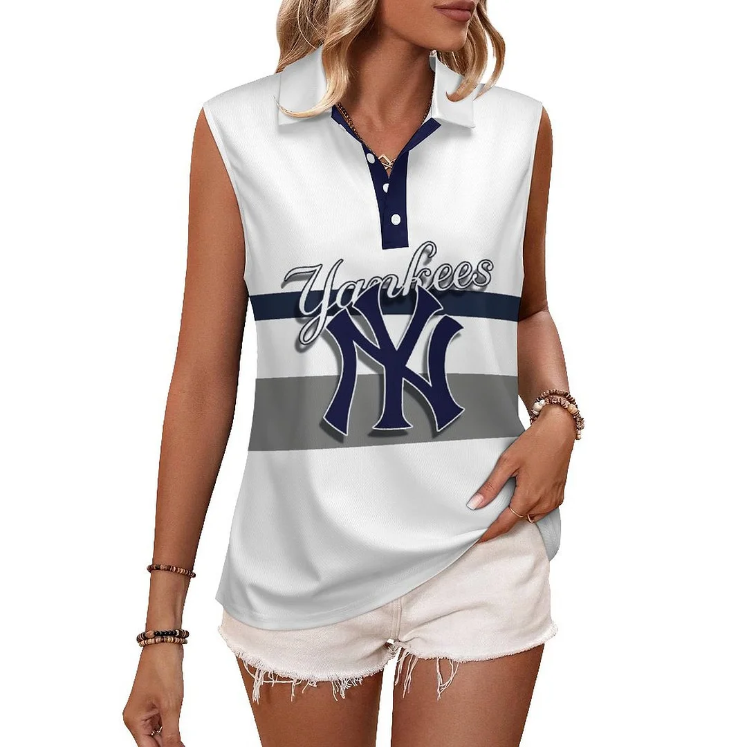 V-neck Sleeveless Casual POLO Shirt Tank Top for Women Printed with Pattern ,Blue