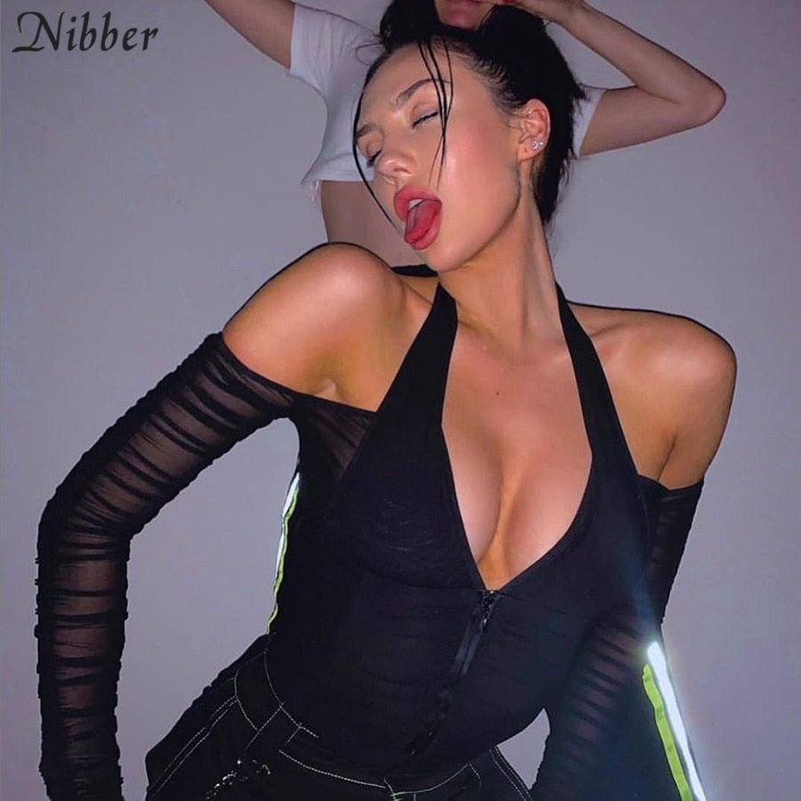 NIBBER Elegant Sexy V-neck Mesh Tops Summer Women's See through Off Strapless Sleeve Crop Top 2021 Club Party Tee shirts Mujer