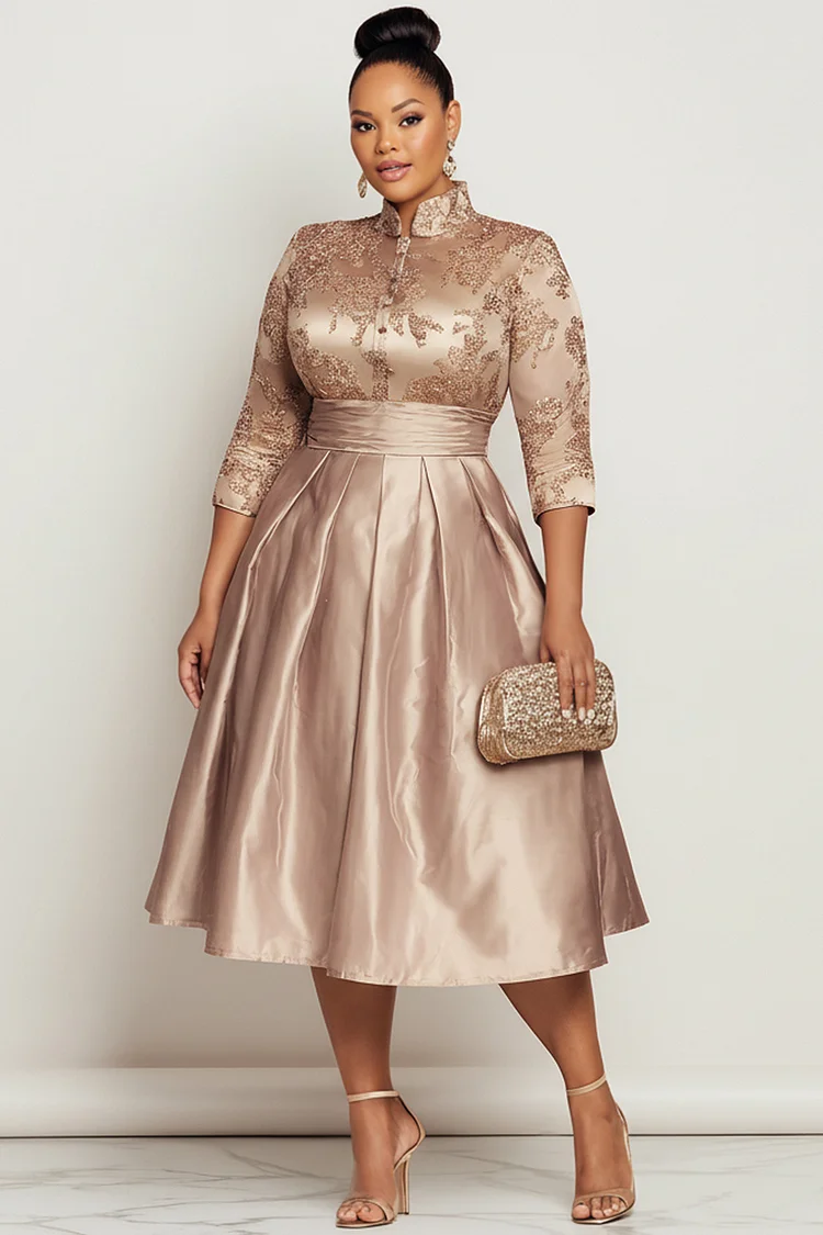 Xpluswear Design Plus Size Churchs Champagne Stand-Up Collar 3/4 Sleeve Pocket Elegant Contrast Satin Midi Dresses 2024 - Xpluswear