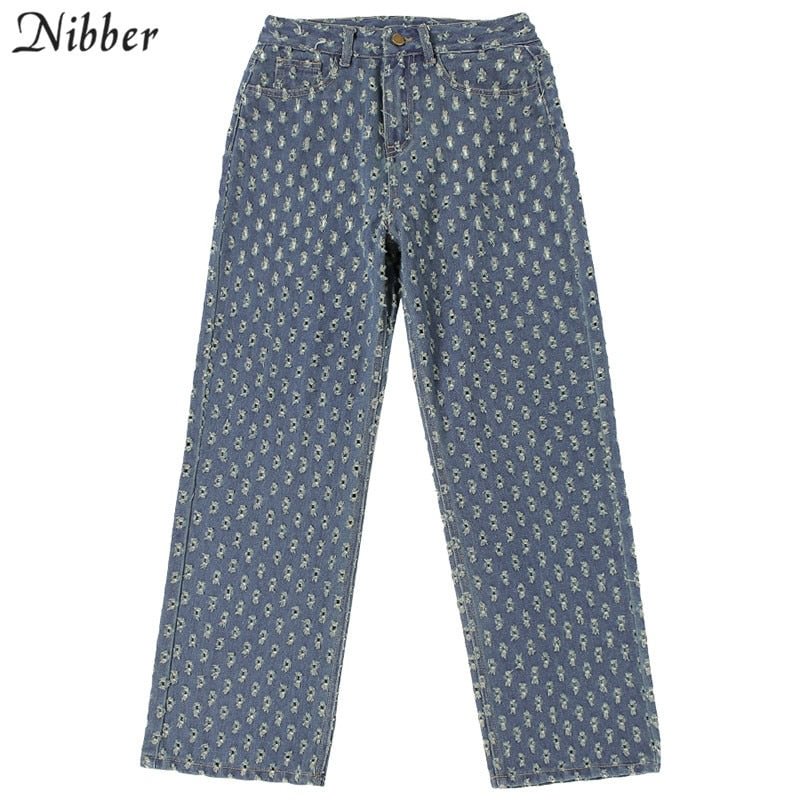 Nibber Fashion Plaid Hollow Out Hip Hop Pants Women's Jeans Club 2021 Y2K High Waist Loose Street Style Demin Color Pants Mujer