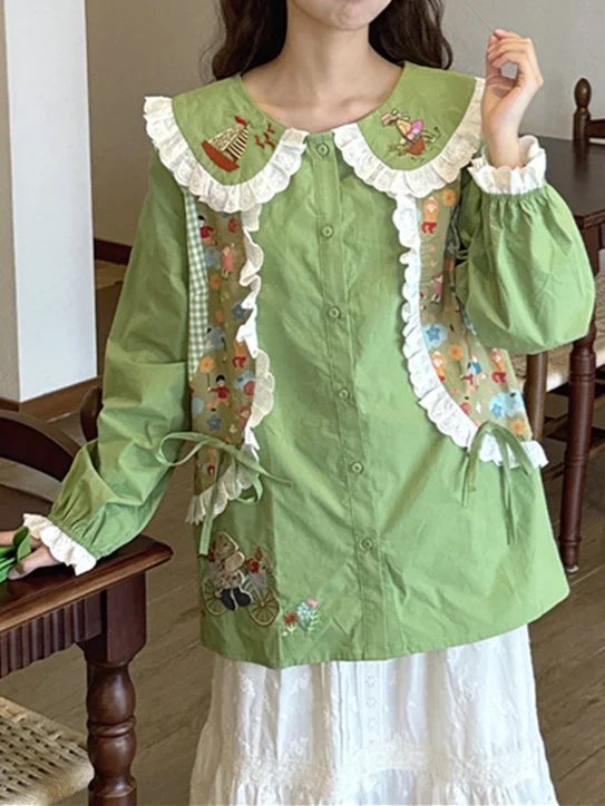Women's Lace Embroidery Scoop Neck Long Sleeve Top