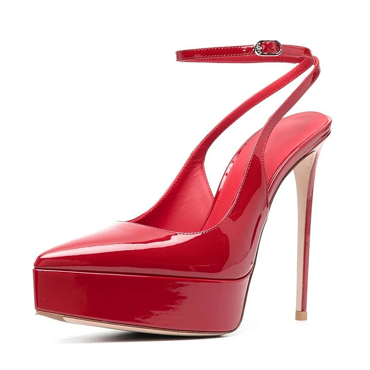 Red Patent Leather Pointy Toe Stiletto Heel Slingback Platform Pumps |FSJ Shoes