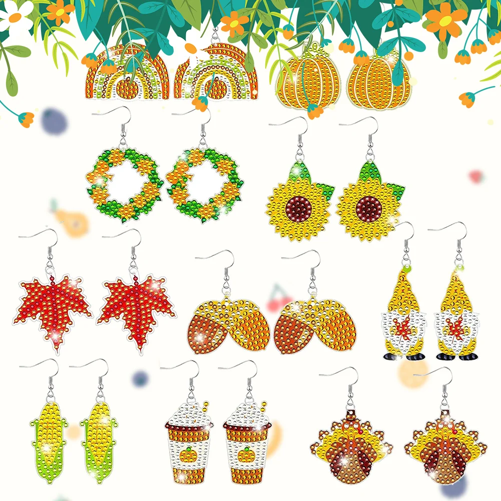 10 Pairs Autumn Series Double Sided Diamond Painting Earrings for Women Girl Jewelry Crafting