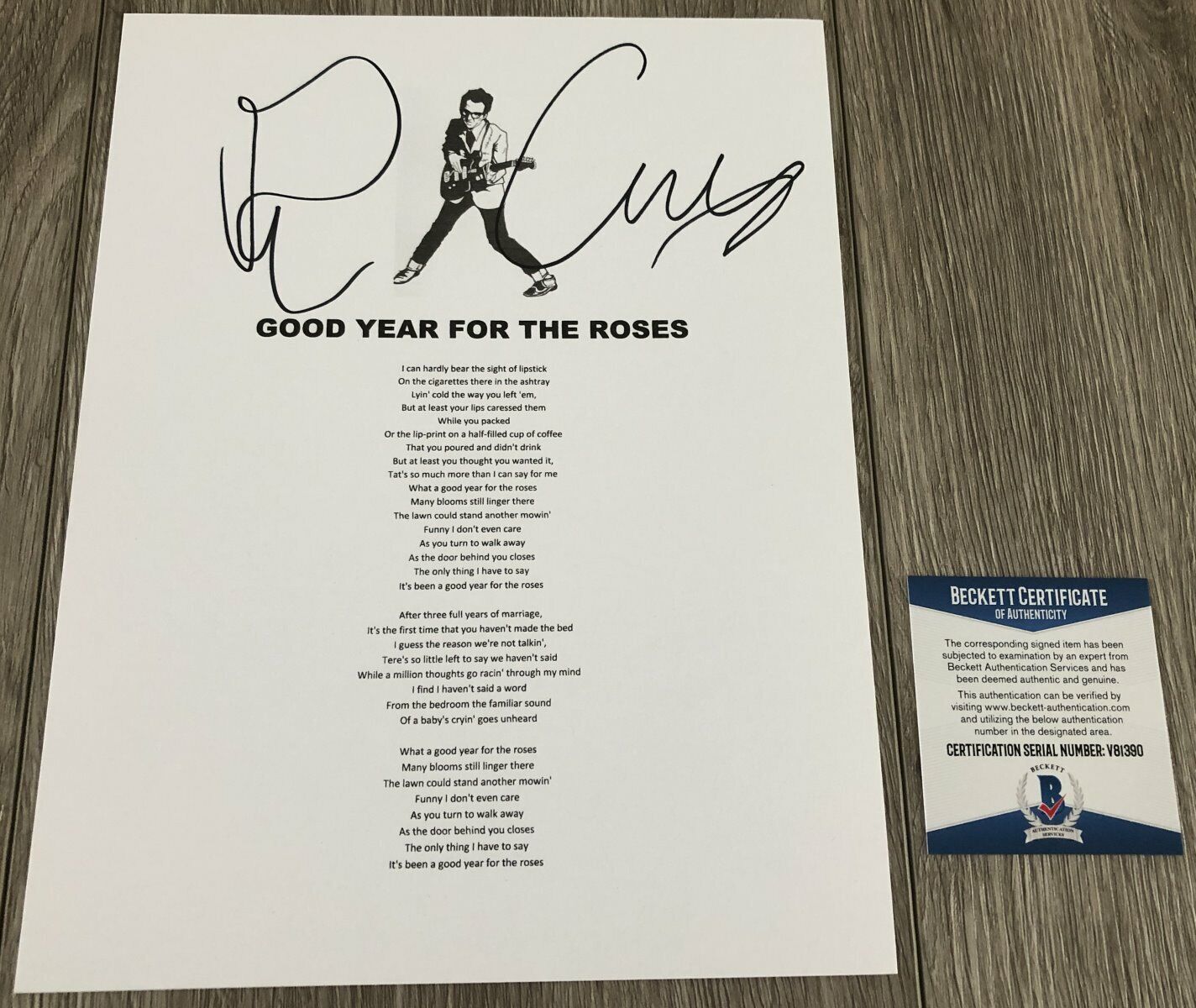 ELVIS COSTELLO SIGNED GOOD YEAR FOR THE ROSES LYRICS SHEET w/PROOF & BECKETT COA