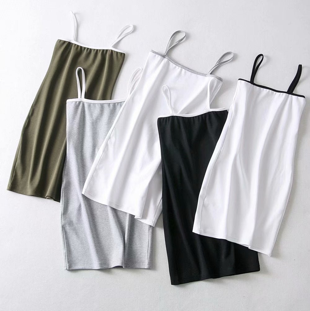 Fashion Women's Wear Summer Low-cut Flat Strap Dress Contrast Color Stretch Tight Sheath Short Women