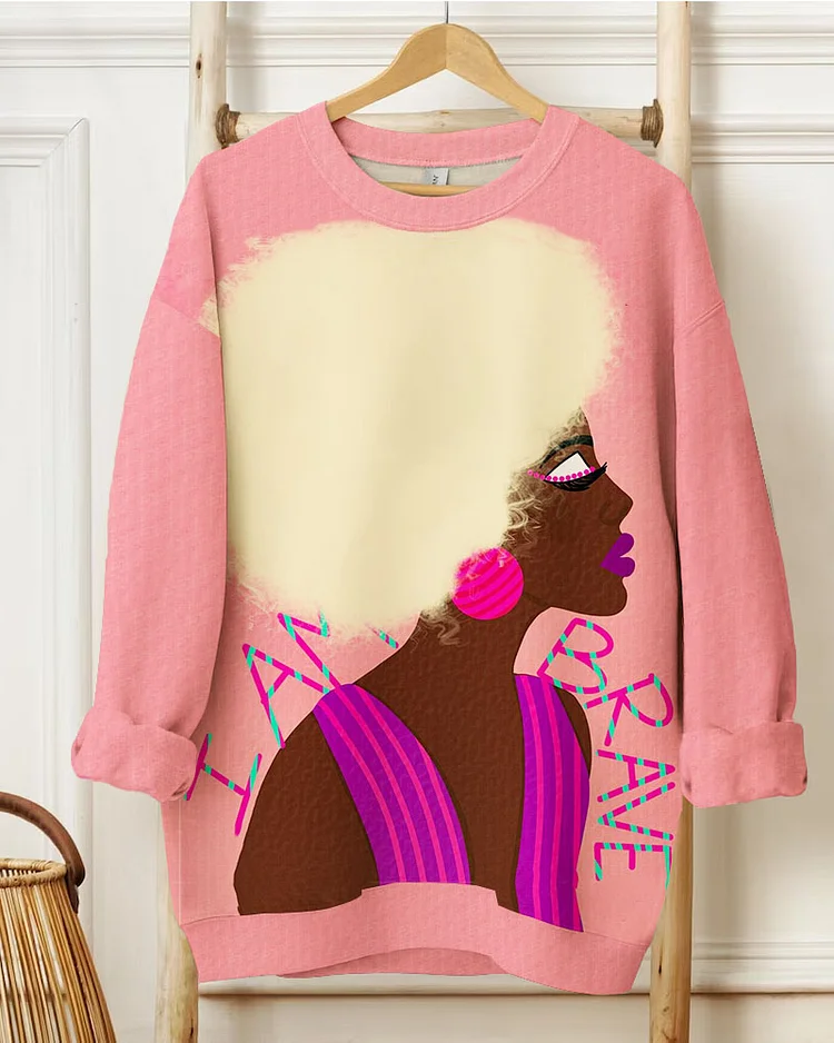 Women's Black Female Illustration I Am Brave Print Crewneck Sweatshirts