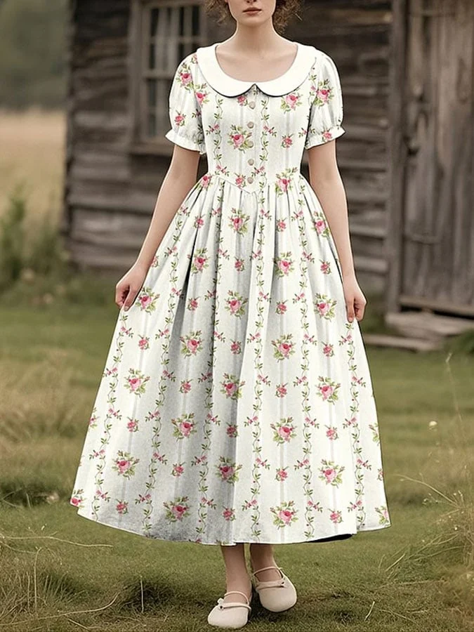 Women's Retro Floral Art Doll Collar Button Dress 