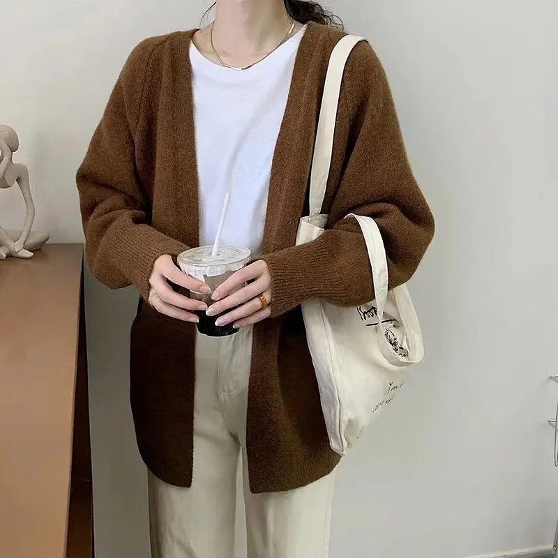 Churchf Churchf Pure Color Autumn Winter 2024 New Lazy Wind Loose Outside Wear V-Neck Knit Cardigan Jacket Sweater Coat Female