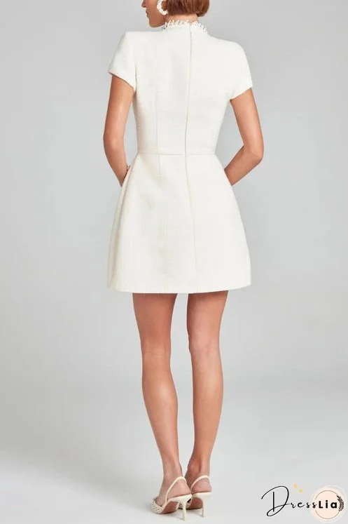 Meridress Mockneck Pearl Trim Waisted Tweed Mini Dress