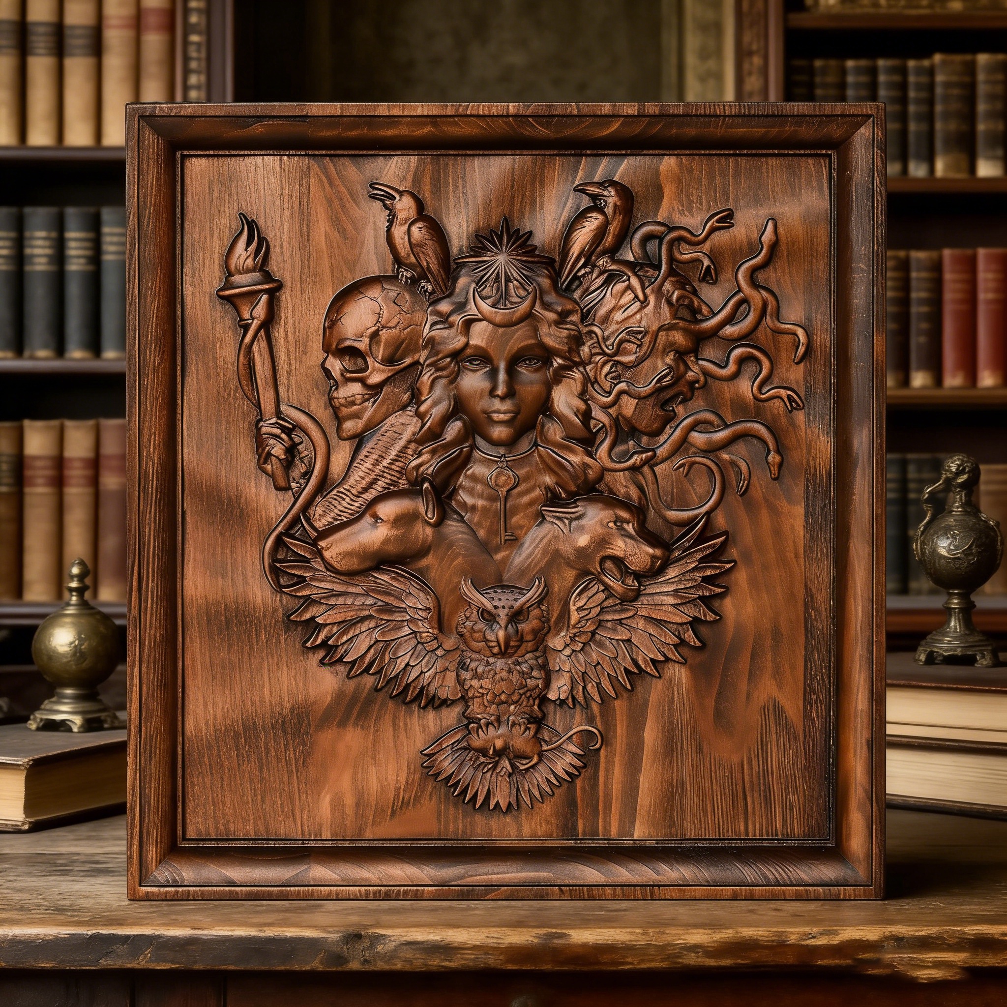 Hand - Carved Hecate Wood Carving: Embrace the Magical Power of the Triple Goddess 