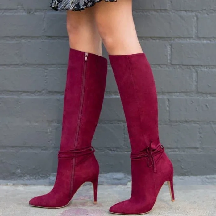Maroon Suede Calf Length Stiletto Heel Boots Vdcoo