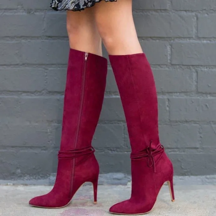 Maroon Vegan Suede Boots Stiletto Heel Calf Length Boots |FSJ Shoes