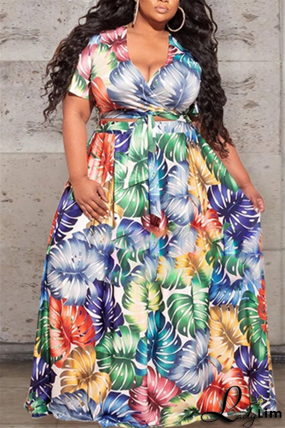 Earth Yellow Fashion Casual Print Bandage V Neck Plus Size Two Pieces