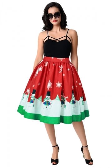 Womens Cute Christmas Snowman And Snowflake Printed Pleated Skirt-elleschic