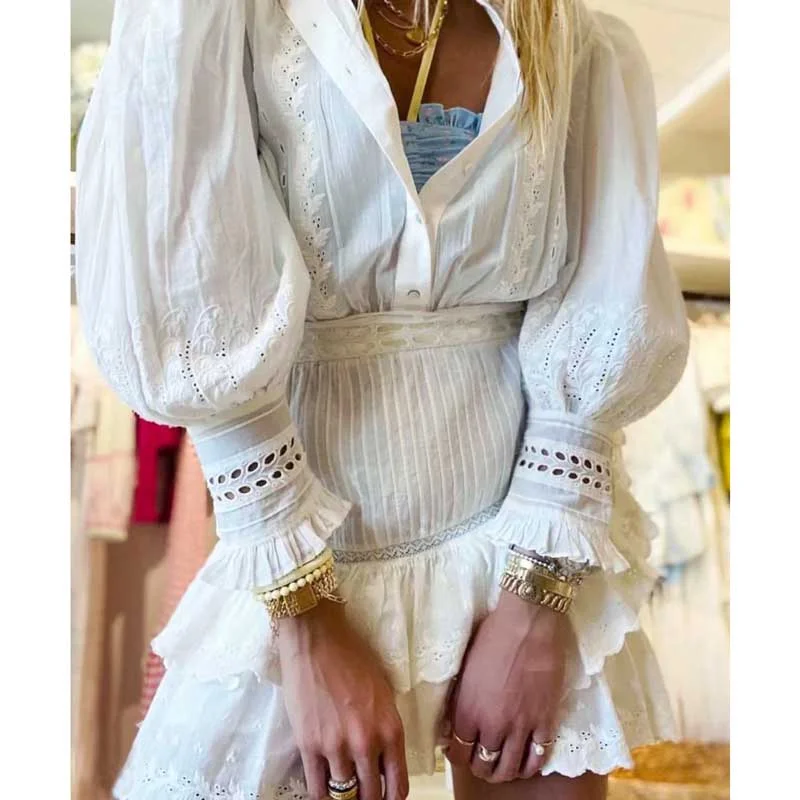 BOHO INSPIRED tiered mini white dress for women long sleeve  party dress cotton buttons ruffled summer dress new boho dress