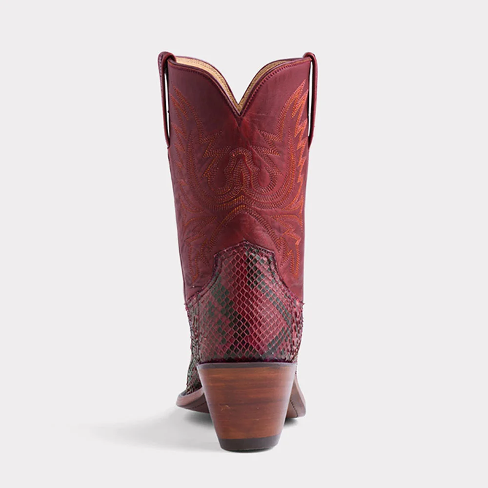 Burgundy Snip Toe Python Embossed Stitching Western Mid-Calf Boots