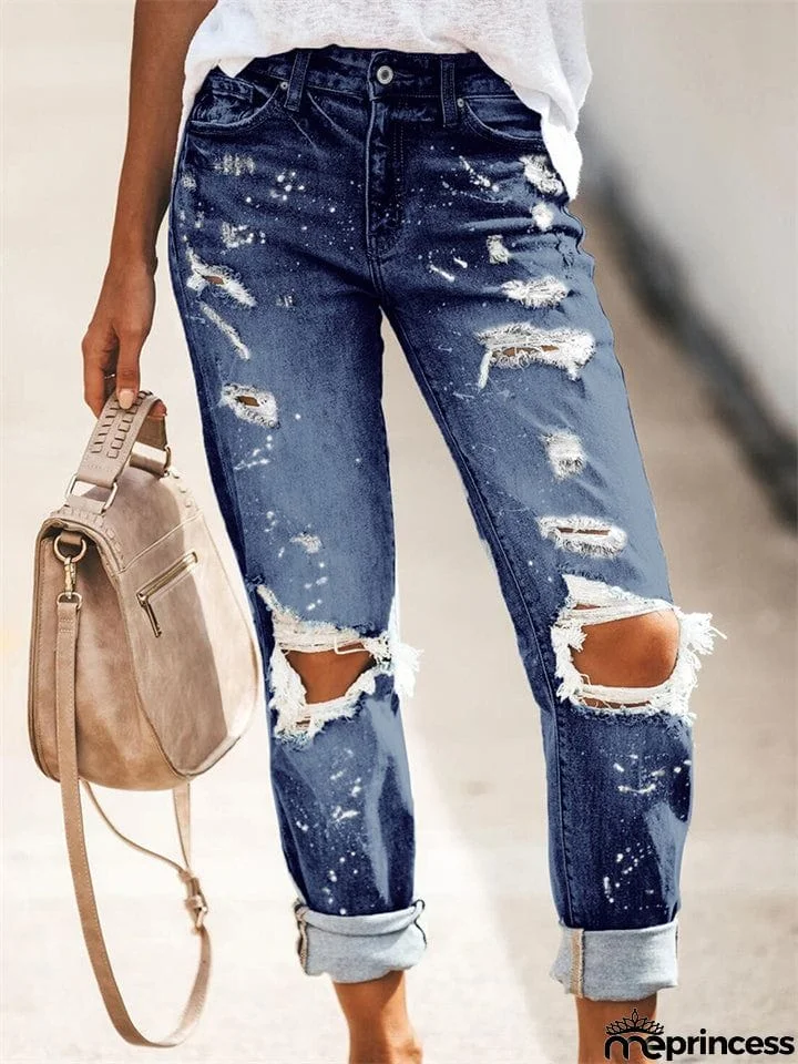 Women's Stretch Wash Effect Ripped Straight-Leg Street Style Jeans