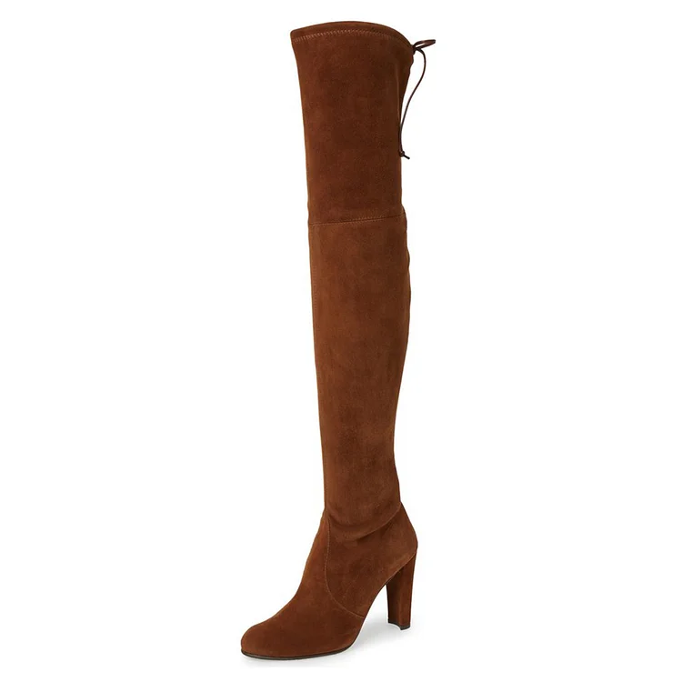 Brown Long Boots Chunky Heel Thigh-high Boots for Women |FSJ Shoes