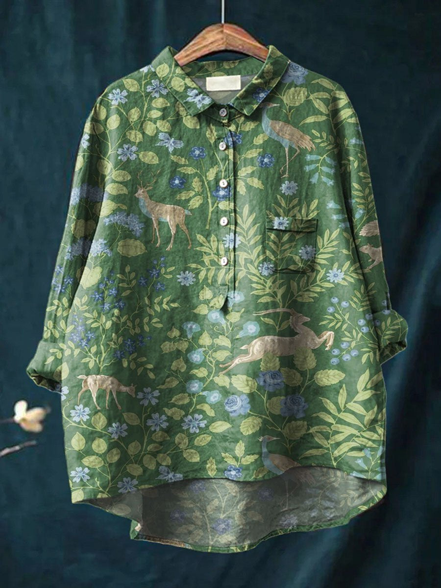 Women’s Vintage Floral Animals Art Print Casual Cotton And Linen Shirt Green / S