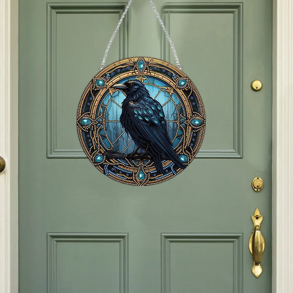 DIY Stained Glass Crow Acrylic Special Shaped Hanging Diamond Painting Art Pendant Suncatcher Home Windows Decor 