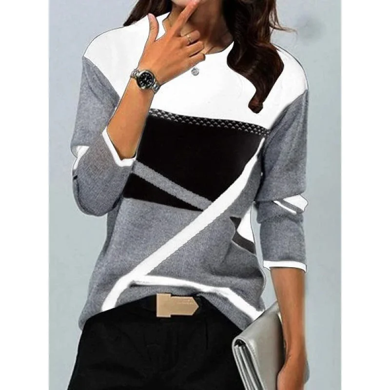 Uveng Loose Color Printed Round Neck Long Sleeve T-shirt