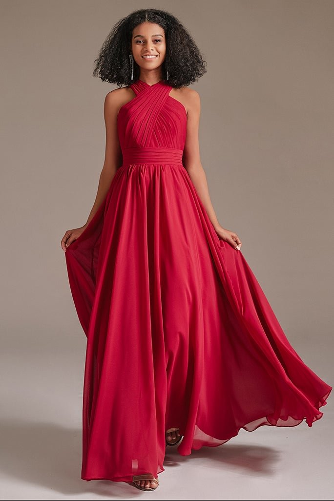 Roter lang Halfter Chiffon Brautjungfernkleid BD0010 Lunass
