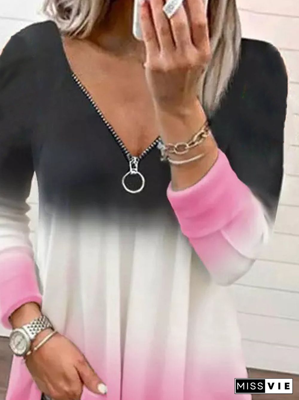 Tie Dye Printed V Neck Loosen Long sleeve Casual Tops