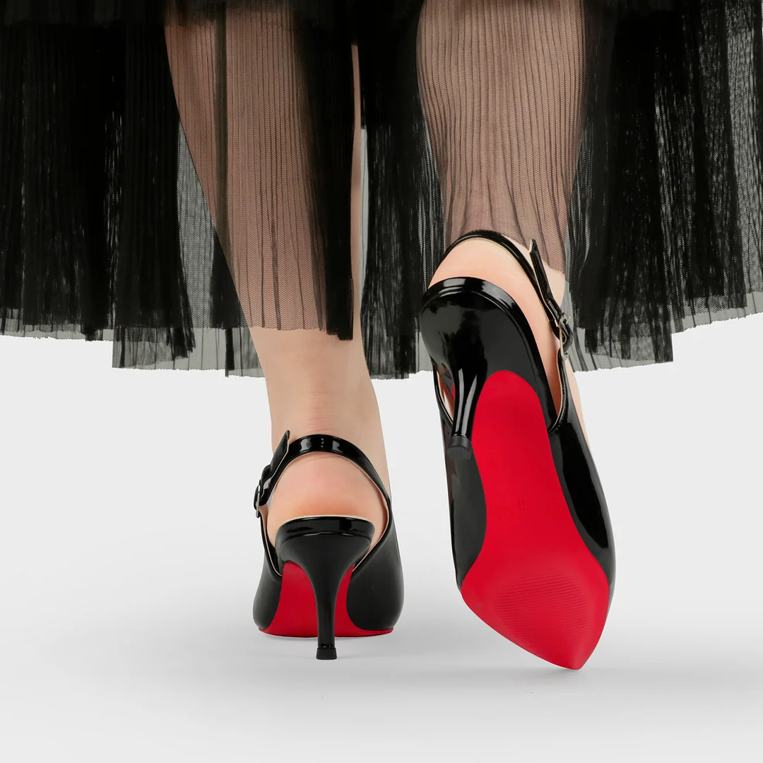 2.36" Women's Pointed Toe Sandals Slingback Shoes Kitten Heel Pumps Patent-MERUMOTE