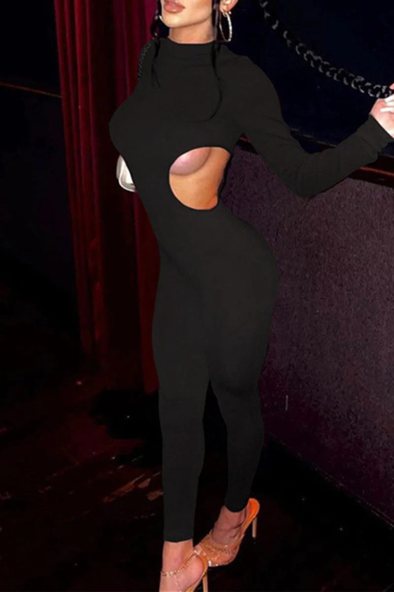 Sexy Casual Solid Hollowed Out Half A Turtleneck Skinny Jumpsuits