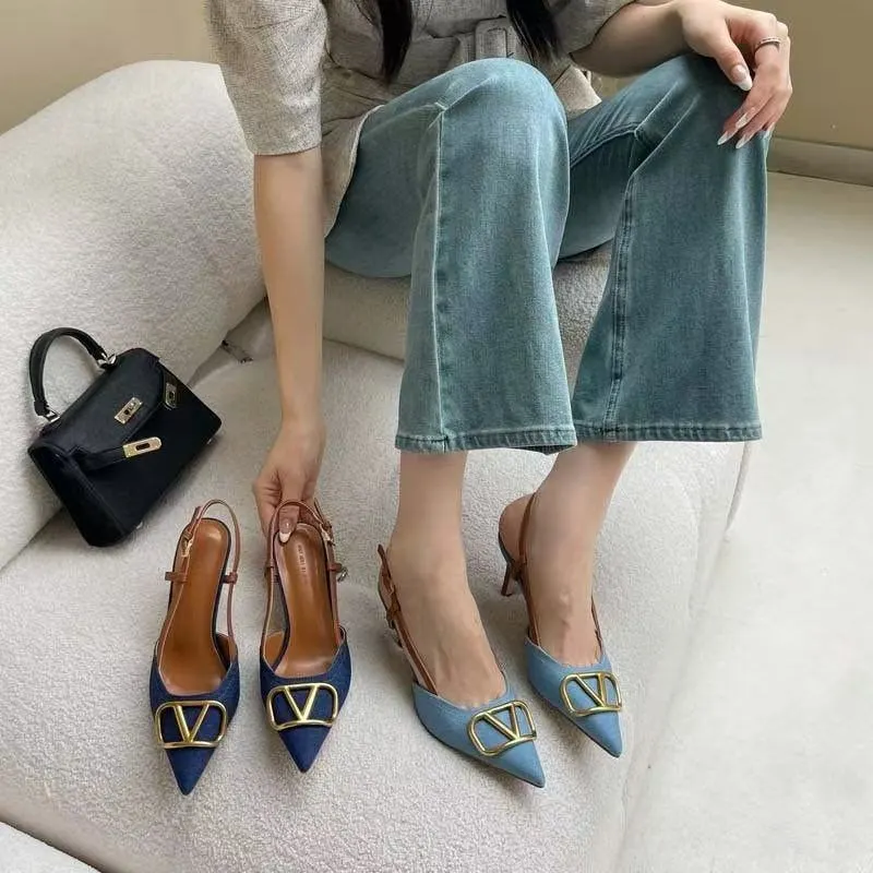 Breakj Breakj Version Of The Elegant Sharp Tip Fine Heel Single Shoes Spring And Autumn New Beautiful Temperament Denim Cloth High-Heeled Sandals