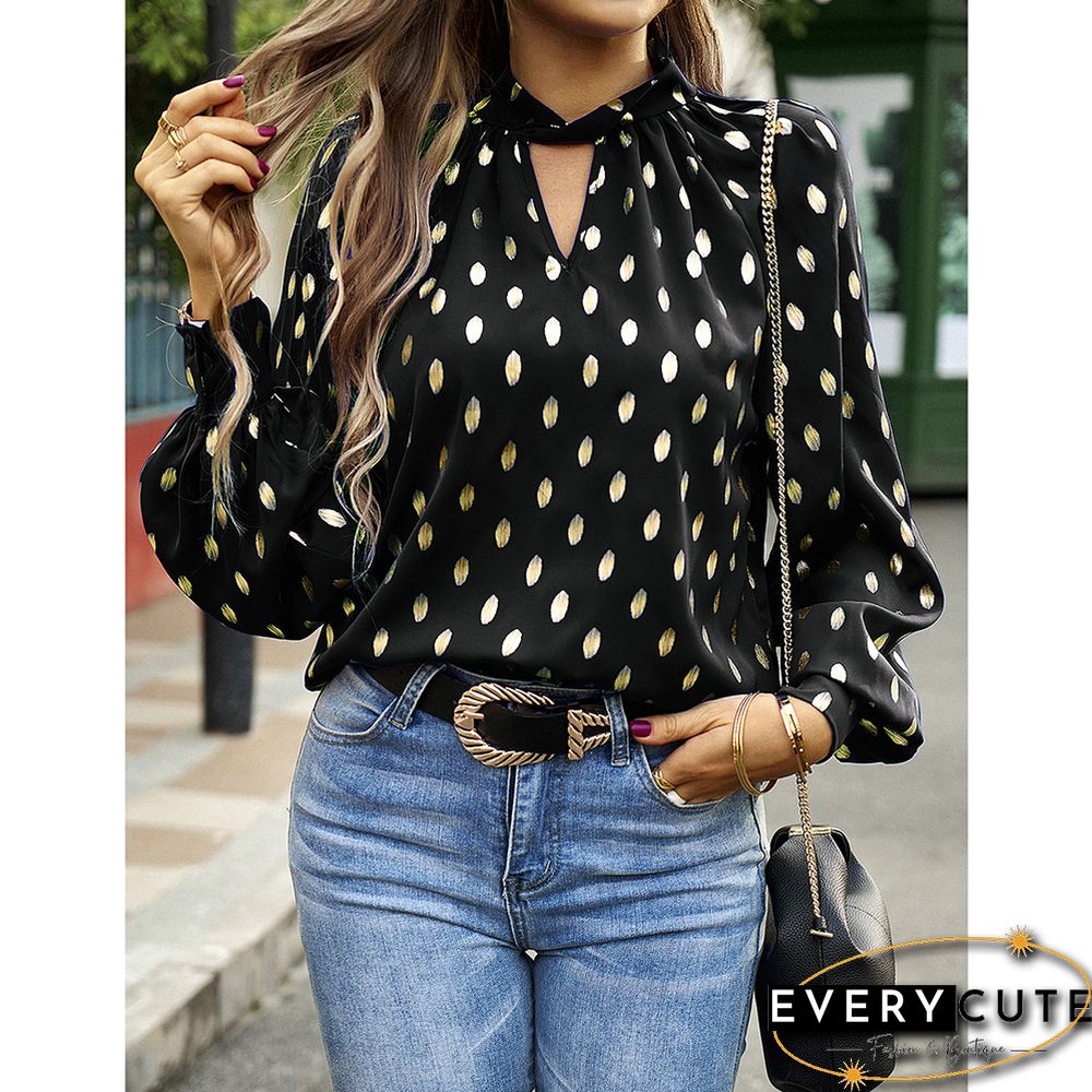 Black Notched Neck Pleated Cuffs Long Sleeve Tops