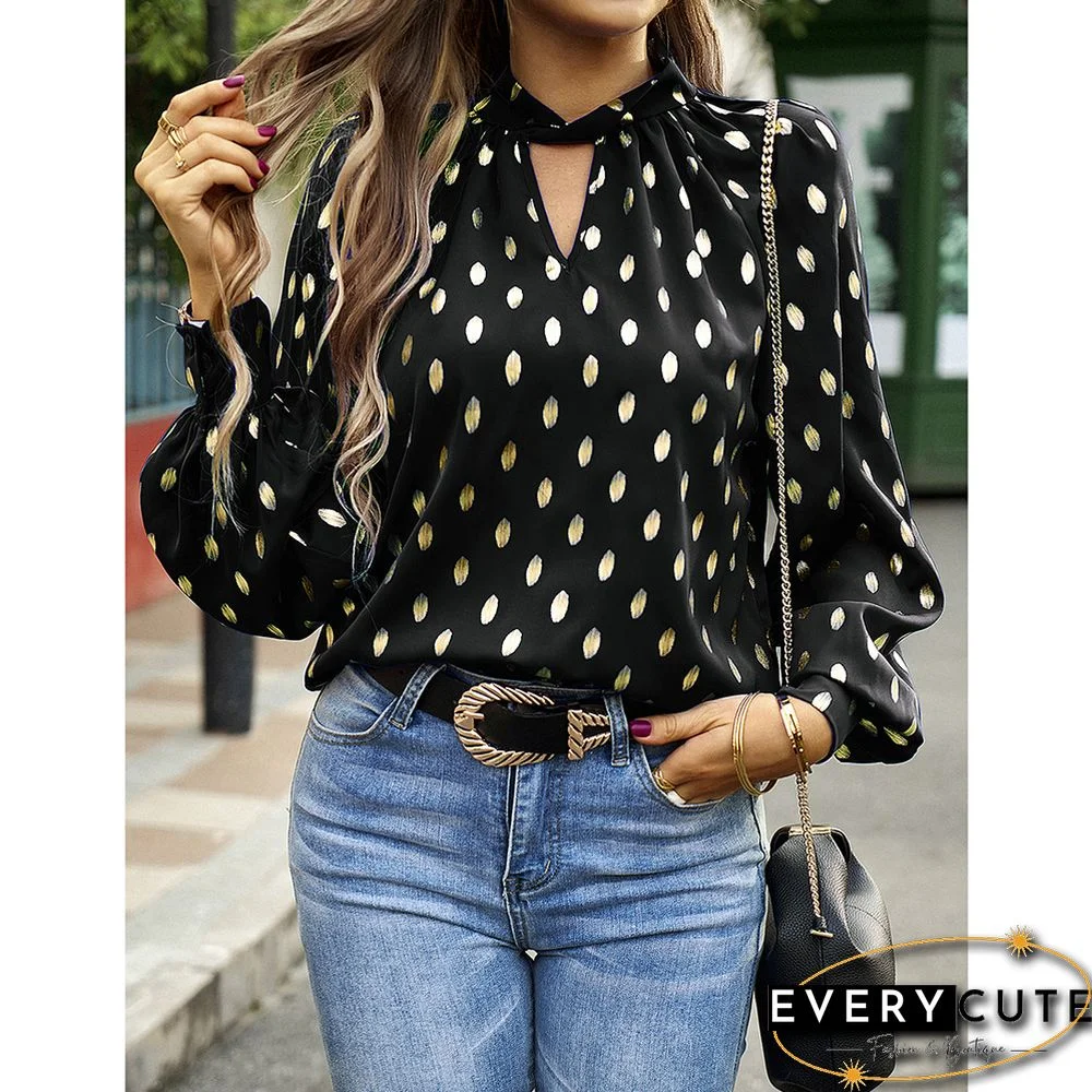 Black Notched Neck Pleated Cuffs Long Sleeve Tops