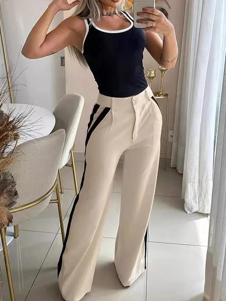 Nncharge Two Piece Sets Women Outfit Fashion 2024 Spring Contrast Binding Sleeveless Tank Top & Striped Pants Set Female Suits