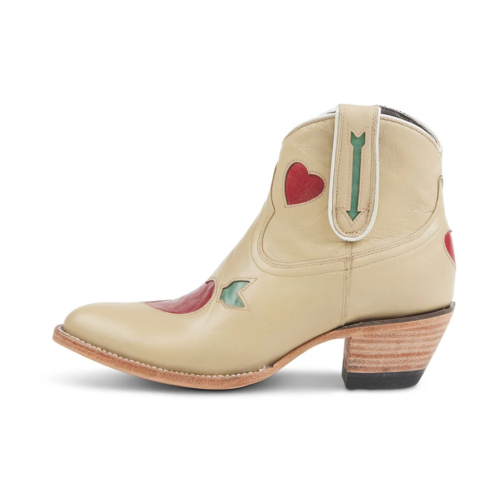 Beige Heart Inlay Closed-Toe Stacked Heel Cowboy Boots for Women