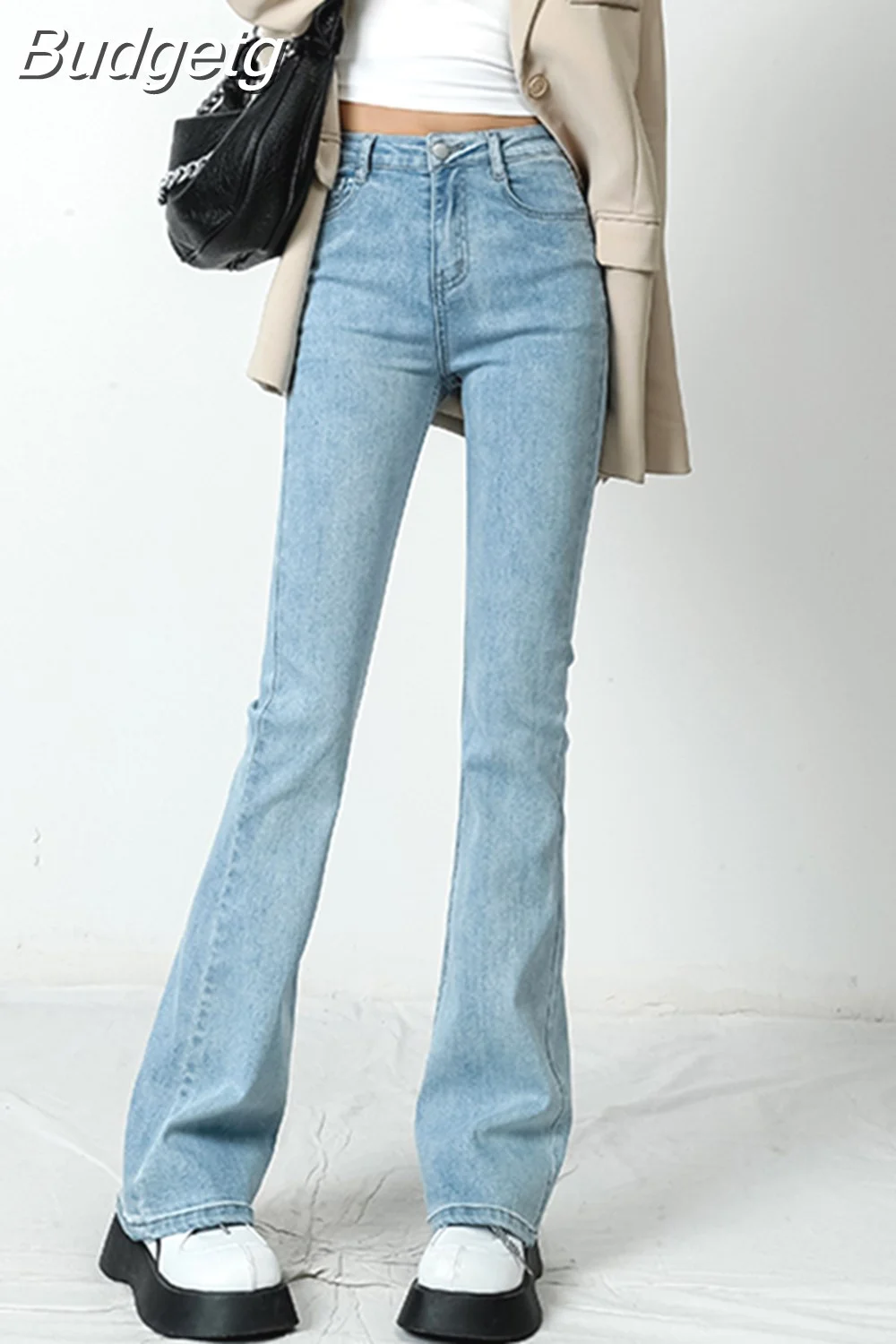 Budgetg Women Flared Jeans Loose Denim Pants Bottom Straight High Waist Stretch Urban Female Flare Trouser 2023 Fashion 6 Color
