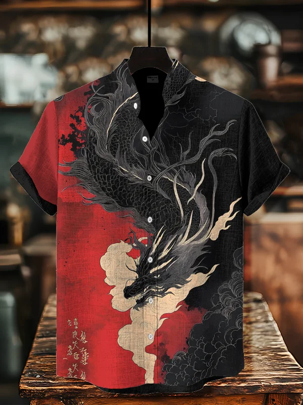 Men's Chinese Painting Mythical Dragon Color Block Art Print Casual Shirt