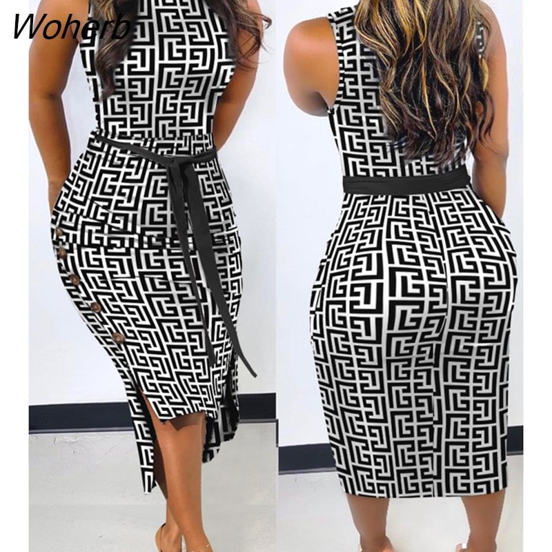 Woherb Women Chain Scarf Print Sleeveless Ruched Bodycon Dress 2022 Femme Mock Neck Skinny Party Robe Lady Evening Clothing traf
