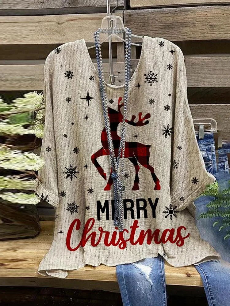 Women's Christmas Theme Elk Printed Round Neck Half Sleeve T-Shirt