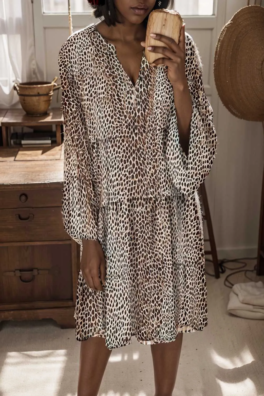 loose leopard print v neck dress drop shoulder a line closed cape paneled