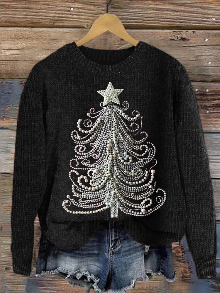 Classy Christmas Tree Pearl Art Cozy Knit Sweater